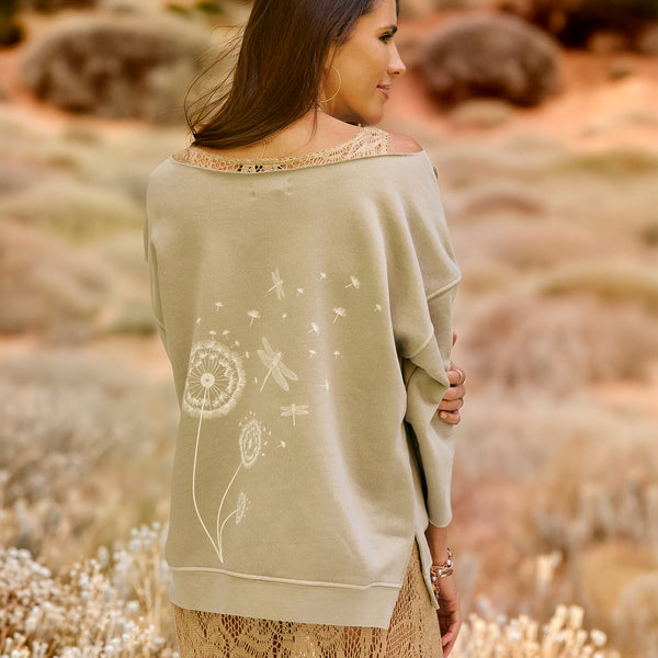 Dominique Cohen limited edition dragonflies and dandelions sweatshirt in creme on earth<span class='visuallyhidden'>; shop help at 760-978-9297.</span>
