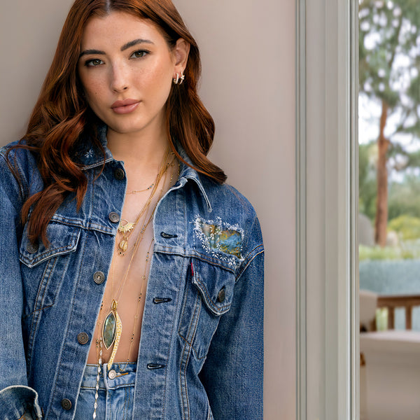 Dominique Cohen upstyled vintage Levis denim jacket.<br>shop the complete look this holiday season<span class='visuallyhidden'>; shop help at 760-978-9297.</span>