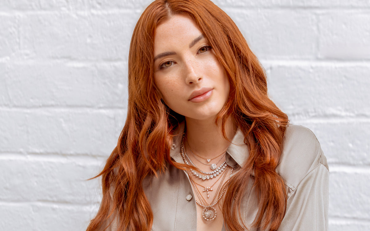 Dominique Cohen rose and white gold diamond jewelry and silk casual apparel ensemble Carbon Flair worn by a beautiful redhead; shop the look online; 760-978-9297 for shop help