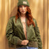 Dominique Cohen hand-embroidered bomber jacket thunderbird motif, in olive (front)<span class='visuallyhidden'>; shop help at 760-978-9297.</span>