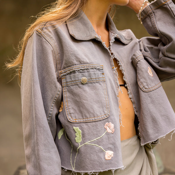 Dominique Cohen vintage denim cropped jacket, updated with raw edges + hand-stitched artistry<span class='visuallyhidden'>; shop help at 760-978-9297.</span>