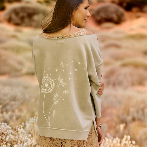 Dominique Cohen limited edition dragonflies and dandelions sweatshirt in creme on earth.<br>shop the look > wildflower<span class='visuallyhidden'>; shop help at 760-978-9297.</span>