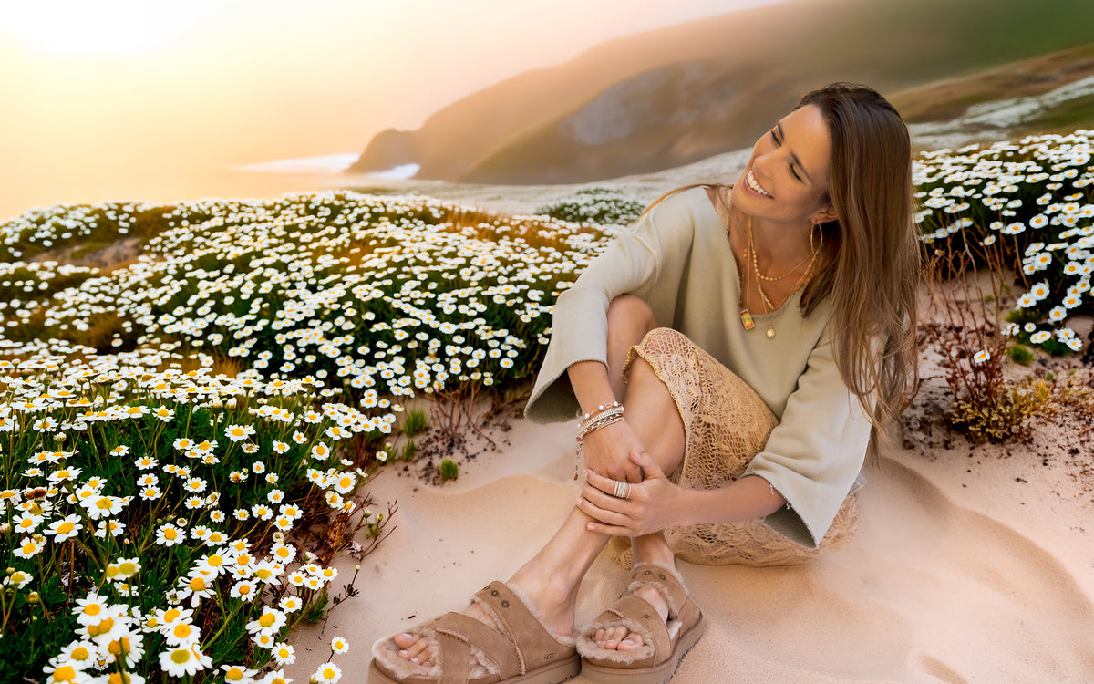 shop the laid-back-luxe lifestyle jewelry collection Wildflower at Dominique Cohen, in rose gold, champagne diamonds, tourmaline, and pink pearls + dandelions limited edition sweatshirt; shop help at 760-978-9297