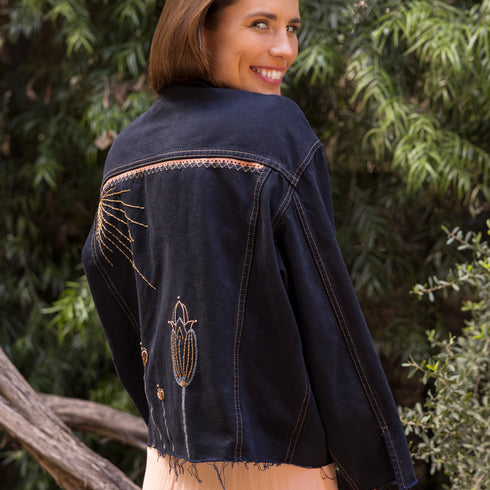 Artisan-stitched navy denim jacket by Dominique Cohen<span class='visuallyhidden'>; shop help at 760-978-9297.</span>