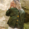 Dominique Cohen sunburst motif embroidered bomber jacket, on olive (back)<span class='visuallyhidden'>; shop help at 760-978-9297.</span>
