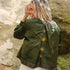 Dominique Cohen sunburst motif embroidered bomber jacket, on olive (back)<span class='visuallyhidden'>; shop help at 760-978-9297.</span>