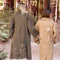 Dominique Cohen olive trench coat with one-of-a-kind in the mountains hand-embroidered artistry<span class='visuallyhidden'>; shop help at 760-978-9297.</span>