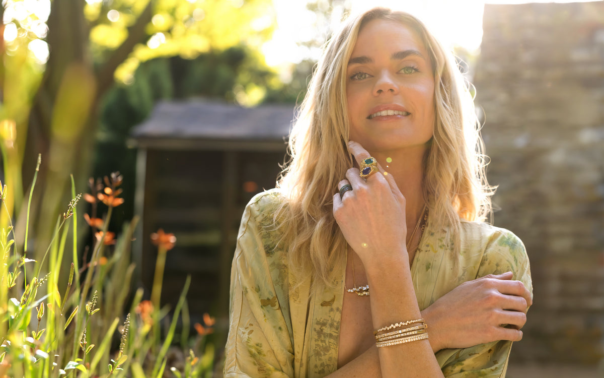 Shop the Look > Sun Dance by Dominique Cohen, a yellow gold diamond, emeralds, sapphires + silk apparel designer collection; shop help 760-978-9297