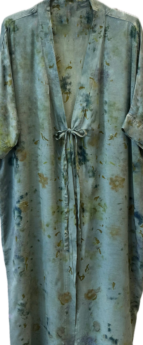 limited edition silk floral dyed kimono in Indigo + Flowers <span class='visuallyhidden'>Phone or text 323-404-2959 for shopping assistance</span>