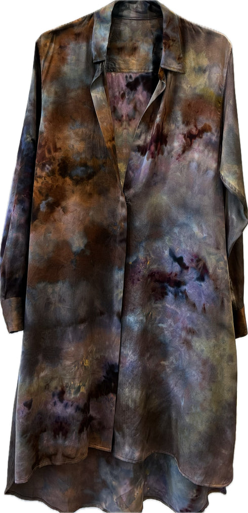 multi-dyed silk shirt dress, in Brazil-nut-bubblegum <span class='visuallyhidden'>Call, text 323-404-2959 for shopping help.</span>