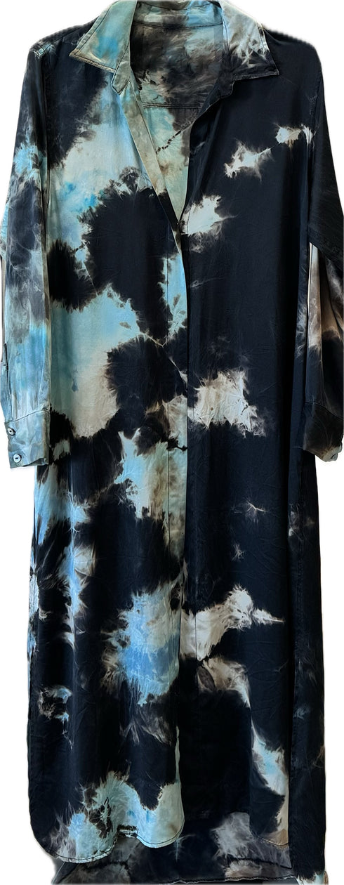 multi-dyed silk shirt dress, in baby-blue -black <span class='visuallyhidden'>Call, text 323-404-2959 for shopping help.</span>