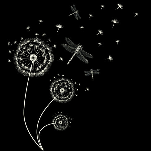 Dominique Cohen apparel proprietary motif dragonflies and dandelions, in creme on black fabric<span class='visuallyhidden'>; shop help at 760-978-9297.</span>