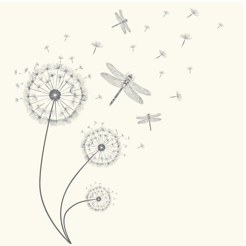 Dominique Cohen apparel proprietary motif dragonflies and dandelions, in grey on creme fabric<span class='visuallyhidden'>; shop help at 760-978-9297.</span>