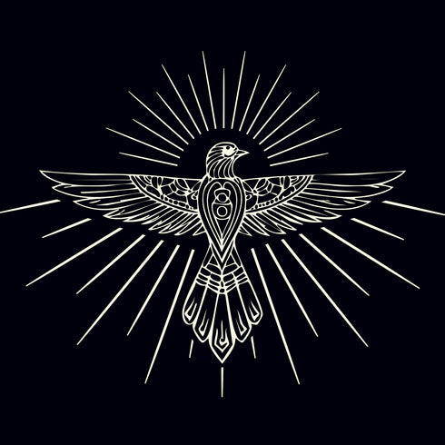 Dominique Cohen apparel proprietary motif thunderbird, in creme on black fabric<span class='visuallyhidden'>; shop help at 760-978-9297.</span>