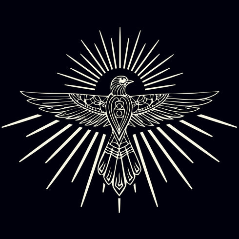 Dominique Cohen apparel proprietary motif thunderbird, in grey on creme fabric<span class='visuallyhidden'>; shop help at 760-978-9297.</span>