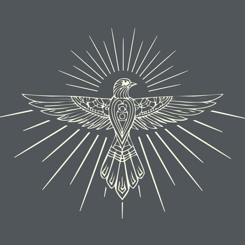 Dominique Cohen apparel proprietary motif thunderbird, in creme on grey fabric<span class='visuallyhidden'>; shop help at 760-978-9297.</span>