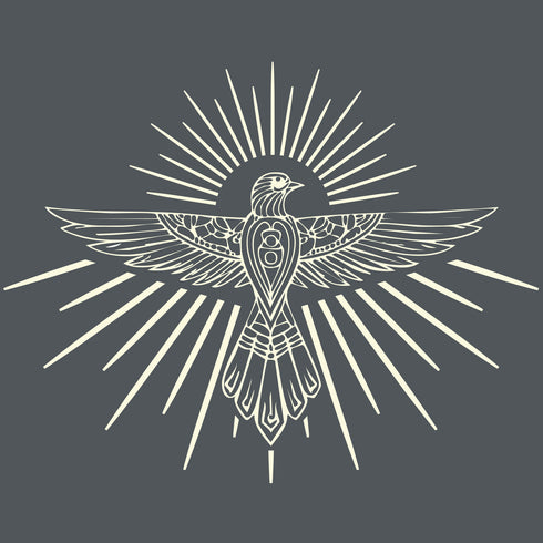 Dominique Cohen apparel proprietary motif thunderbird, in creme on black fabric<span class='visuallyhidden'>; shop help at 760-978-9297.</span>