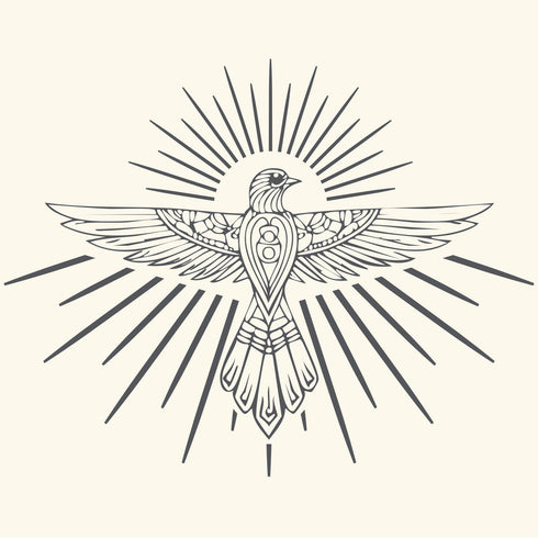 Dominique Cohen apparel proprietary motif thunderbird, in grey on creme fabric<span class='visuallyhidden'>; shop help at 760-978-9297.</span>