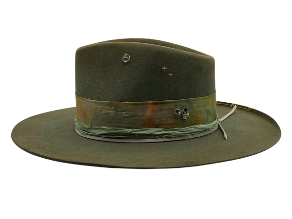 a classic fedora silhouette — almost!<br>softened a tick a the crown, and the brim banked up ever so slightly at right rear, left front. love! <span class='visuallyhidden'>Call, text 323-404-2959 for shopping help.</span>