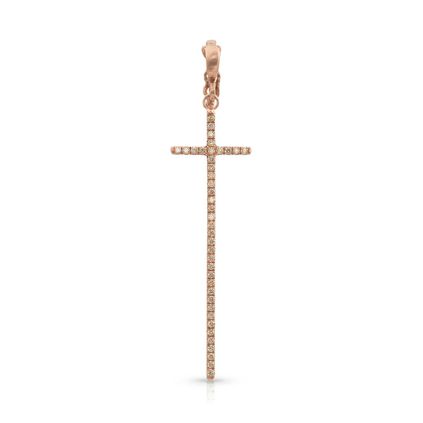 Dominique Cohen tall narrow diamond cross enhancer, hinged bail, in champagne diamonds and 18k rose gold <span class='visuallyhidden'>Call, text 323-404-2959 for shopping help.</span>