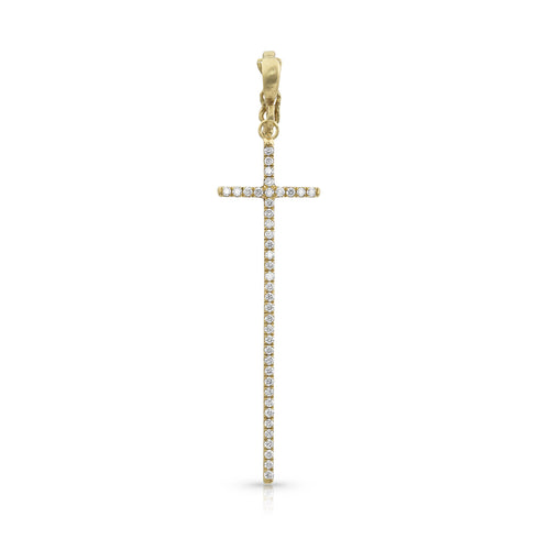 Dominique Cohen tall diamond cross enhancer, hinged bail, in white diamonds and 18k yellow gold <span class='visuallyhidden'>Call, text 323-404-2959 for shopping help.</span>