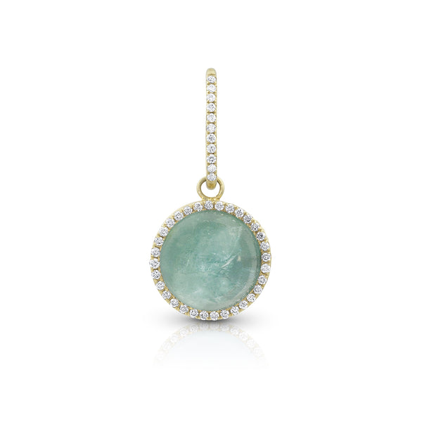 round cabochon enhancer with diamond surround and diamond-faced smooth-back bail, size small, in aquamarine and 18k yellow gold <span class='visuallyhidden'>Call, text 323-404-2959 for shopping help.</span>