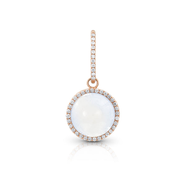 round cabochon enhancer with diamond surround and diamond-faced smooth-back bail, size small, in moonstone and 18k rose gold <span class='visuallyhidden'>Call, text 323-404-2959 for shopping help.</span>