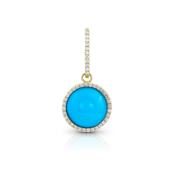 round cabochon enhancer with diamond surround and diamond-faced smooth-back bail, size small, in turquoise and 18k yellow gold <span class='visuallyhidden'>Call, text 323-404-2959 for shopping help.</span>