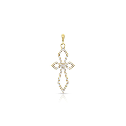 Dominique Cohen delicate deco cross enhancer, hinged bail, in white diamonds and 18k yellow gold <span class='visuallyhidden'>Call, text 323-404-2959 for shopping help.</span>