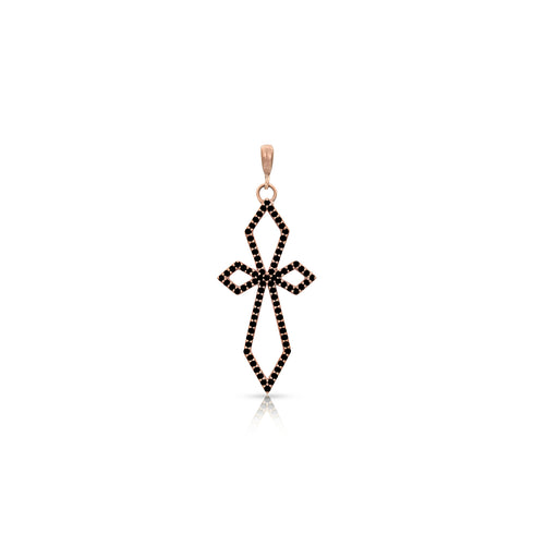 Dominique Cohen delicate art deco cross with hinge bail<br>in black diamonds and 18k rose gold <span class='visuallyhidden'>Text, call 323-404-2959 for shopping help.</span>