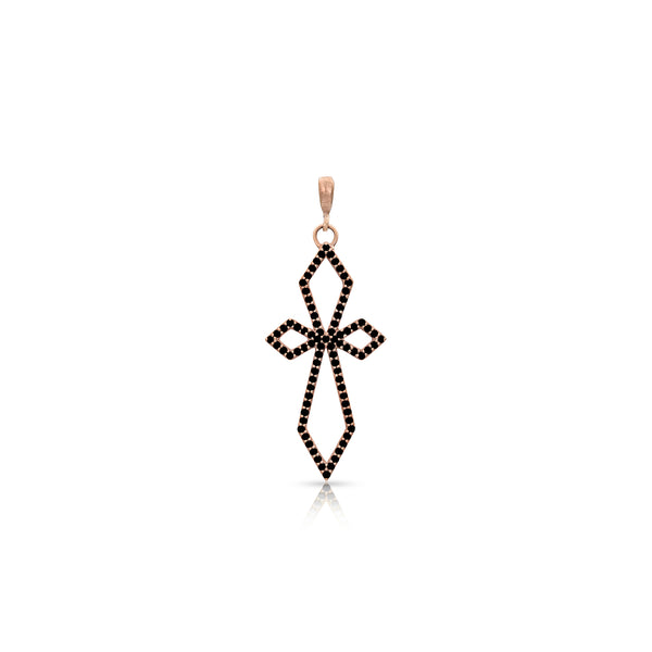 Dominique Cohen delicate art deco cross with hinge bail<br>in black diamonds and 18k rose gold <span class='visuallyhidden'>Text, call 323-404-2959 for shopping help.</span>