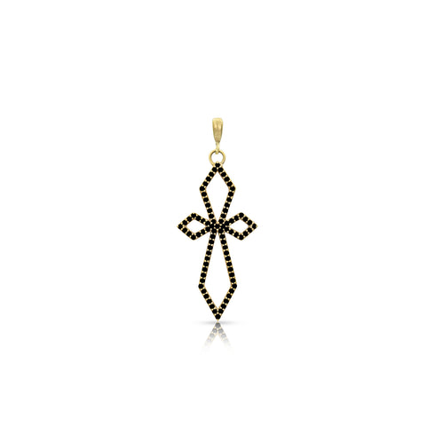 Dominique Cohen delicate art deco cross with hinge bail<br>in black diamonds and 18k yellow gold <span class='visuallyhidden'>Text, call 323-404-2959 for shopping help.</span>