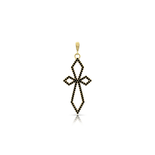 Dominique Cohen delicate art deco cross with hinge bail<br>in black diamonds and 18k yellow gold <span class='visuallyhidden'>Text, call 323-404-2959 for shopping help.</span>