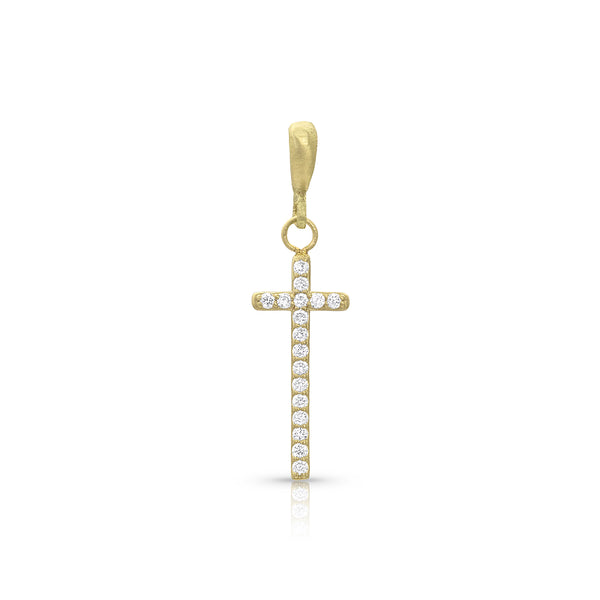 narrow medium cross enhancer on hinged bail, in white diamonds and yellow gold <span class='visuallyhidden'>Call, text 323-404-2959 for shopping help.</span>