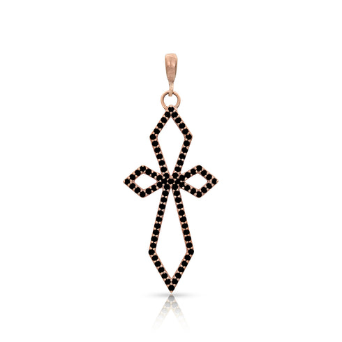 Art deco large diamond cross on hinged bail, in black diamonds and rose gold <span class='visuallyhidden'>Call, text 323-404-2959 for shopping help.</span>