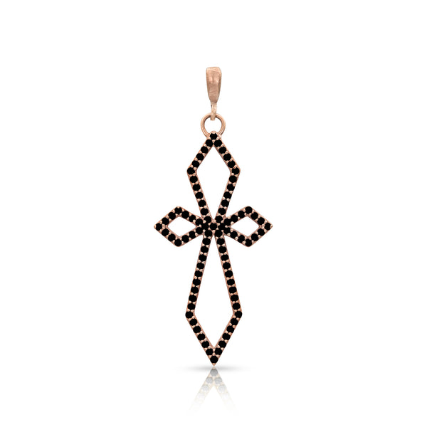 Art deco large diamond cross on hinged bail, in black diamonds and rose gold <span class='visuallyhidden'>Call, text 323-404-2959 for shopping help.</span>