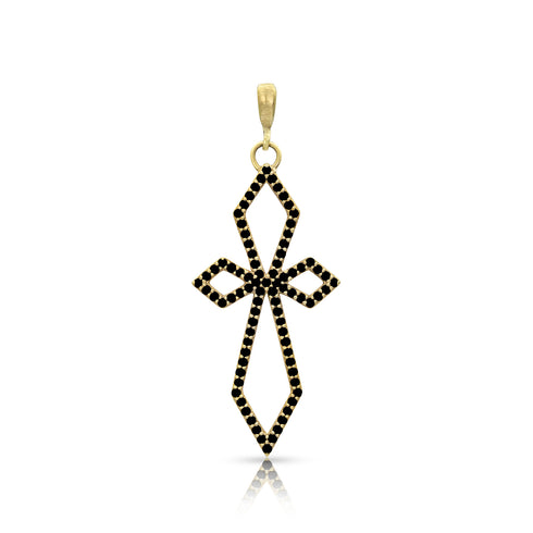 Art deco large diamond cross on hinged bail, in black diamonds and yellow gold <span class='visuallyhidden'>Call, text 323-404-2959 for shopping help.</span>