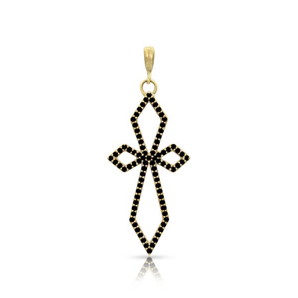 Art deco large diamond cross on hinged bail, in black diamonds and yellow gold <span class='visuallyhidden'>Call, text 323-404-2959 for shopping help.</span>