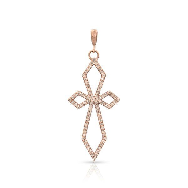 Art deco large diamond cross on hinged bail, in champagne diamonds and rose gold <span class='visuallyhidden'>Call, text 323-404-2959 for shopping help.</span>