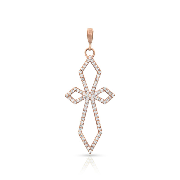 Art deco large diamond cross on hinged bail, in white diamonds and rose gold <span class='visuallyhidden'>Call, text 323-404-2959 for shopping help.</span>