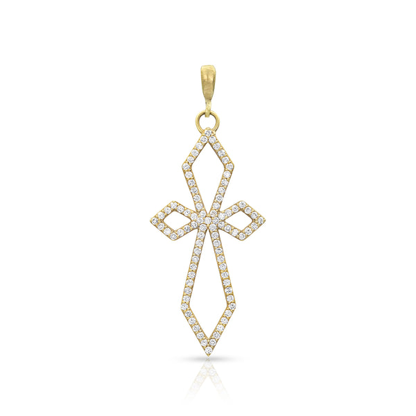 Art deco large diamond cross on hinged bail, in white diamonds and yellow gold <span class='visuallyhidden'>Call, text 323-404-2959 for shopping help.</span>