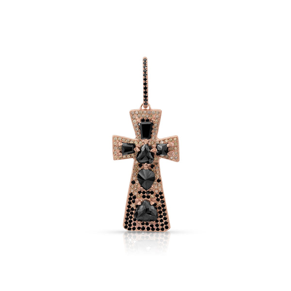 Bespoke 18k rose gold cross intricately detailed in black diamonds and champagne diamonds. <span class='visuallyhidden'>Call, text 323-404-2959 for shopping help.</span>