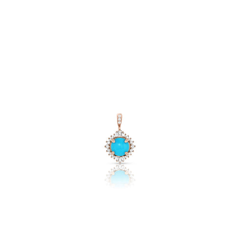 Sleeping Beauty turquoise and diamond 18k rose gold enhancer<br>with diamond kissed hinged bail for easy wardrobing <span class='visuallyhidden'>Call or text 323-404-2959 for shopping assistance</span>