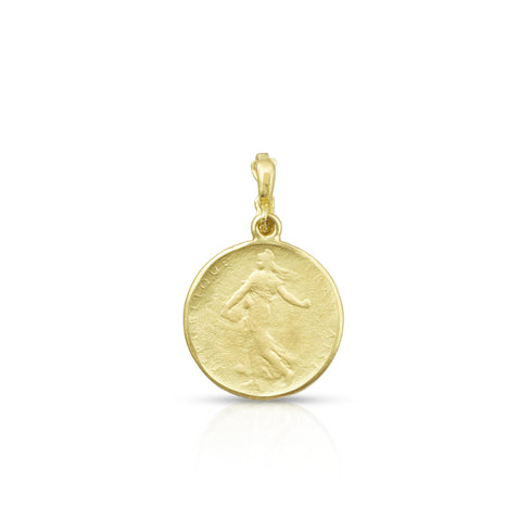Dominique Cohen solid 18k yellow gold goddess coin enhaner, on hinged bail <span class='visuallyhidden'>Call or text 323-404-2959 if you need shopping assistance.</span>