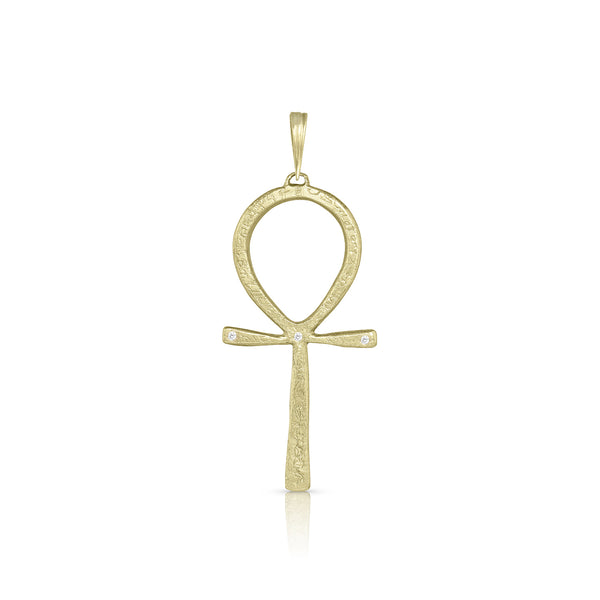 Dominique Cohen intricately etched, diamond-kissed Ankh key of life enhancer, grande size with hinged bail, in 18k yellow gold <span class='visuallyhidden'>Call or text 323-404-2959 if you need shopping assistance.</span>