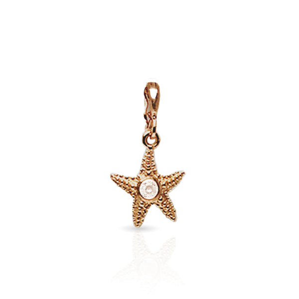 Dominique Cohen solid 18k rose gold starfish charm with white topaz, on hinged bail <span class='visuallyhidden'>Call or text 323-404-2959 if you need shopping assistance.</span>
