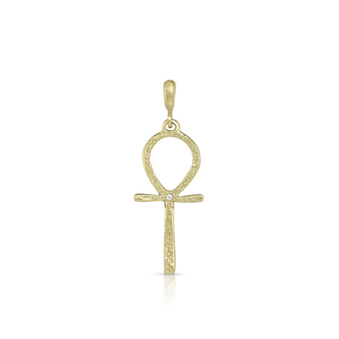 Dominique Cohen intricately etched, diamond-kissed Ankh key of life enhancer, small size, on hinged bail, in 18k yellow gold <span class='visuallyhidden'>Call or text 323-404-2959 if you need shopping assistance.</span>