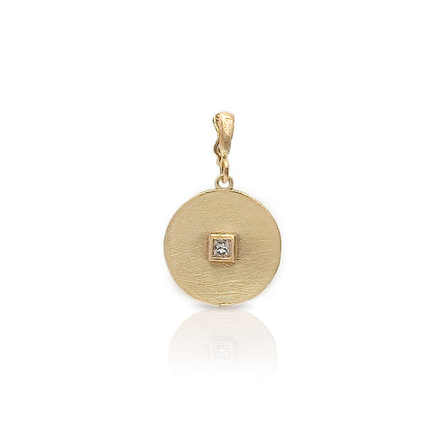 Dominique Cohen disc enhancer with diamond, on hinged bail, in artfully brushed 18k yellow gold <span class='visuallyhidden'>Call or text 323-404-2959 if you need shopping assistance.</span>