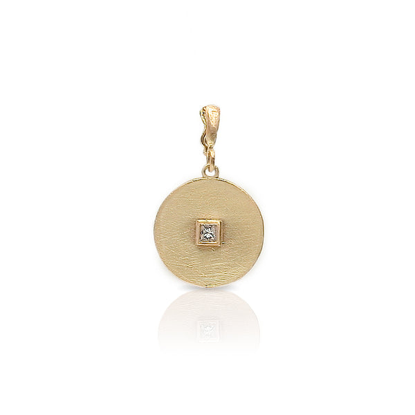 Dominique Cohen disc enhancer with diamond, on hinged bail, in artfully brushed 18k yellow gold <span class='visuallyhidden'>Call or text 323-404-2959 if you need shopping assistance.</span>