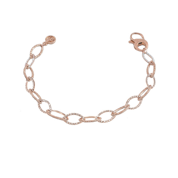 made to order diamond pave marquise link, textured link chain bracelet by Dominique Cohen, in white diamonds and 18k rose gold <span class='visuallyhidden'>Call, text 323-404-2959 for shopping help.</span>